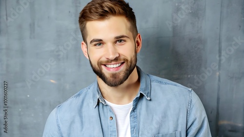 A portrait of a young man smiling warmly against a neutral gray background