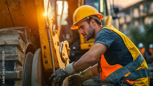 Construction worker repairing heavy machinery during sunset.