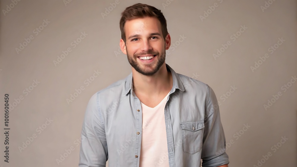 A portrait of a young man smiling warmly against a neutral gray background A portrait of a young man smiling warmly against a neutral gray background