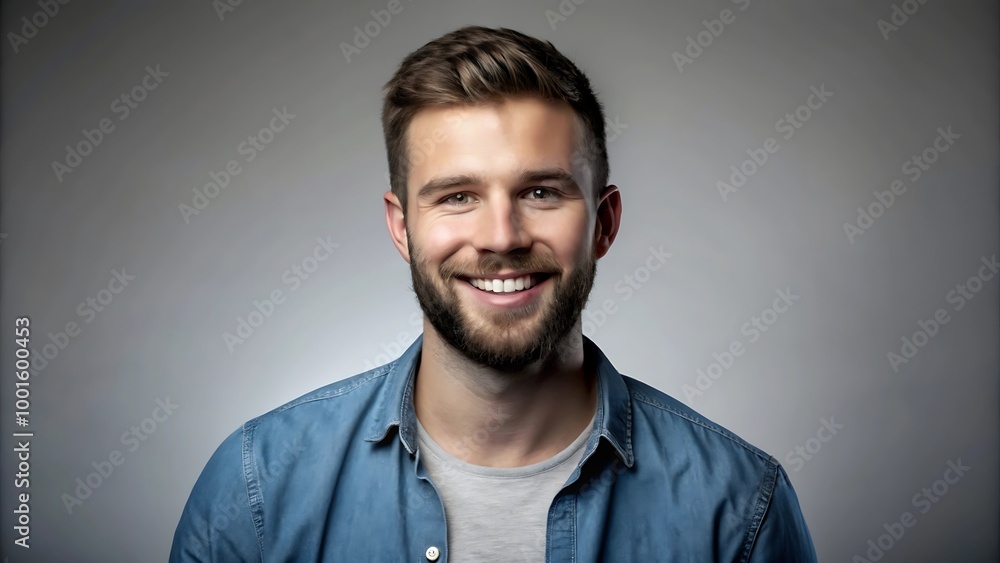 A portrait of a young man smiling warmly against a neutral gray background A portrait of a young man smiling warmly against a neutral gray background