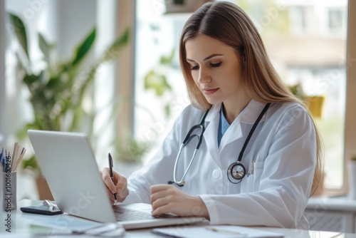 Serious female doctor using laptop and writing notes in medical journal sitting at desk. Young woman professional medic physician wearing white coat and stethoscope working on computer at workplace.