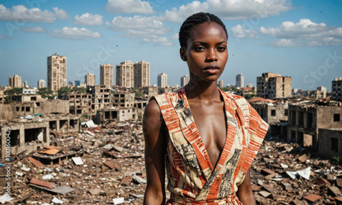 A woman stands amidst the rubble of a city, looking directly at the camera