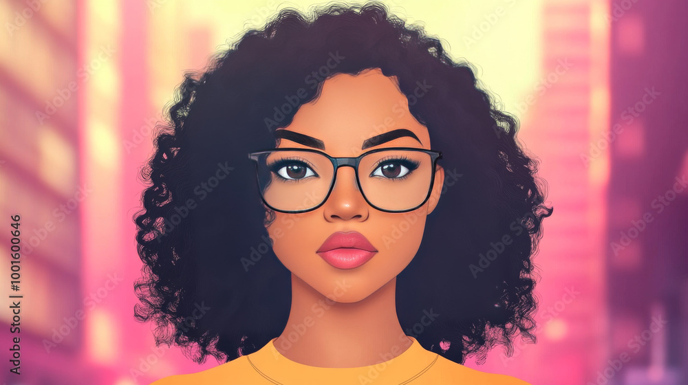 A portrait of a young Black woman with curly hair and glasses. A portrait of a young Black woman with curly hair and glasses.
