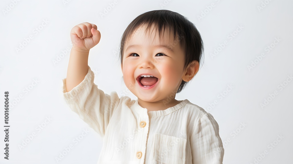 Adorable Baby Boy Smiling and Cheering with Fist Pump Adorable Baby Boy Smiling and Cheering with Fist Pump