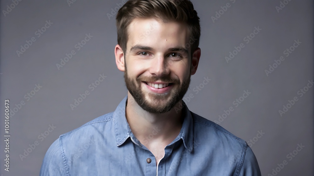 A portrait of a young man smiling warmly against a neutral gray background A portrait of a young man smiling warmly against a neutral gray background
