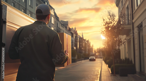 Delivery man holding a package on a street at sunset.