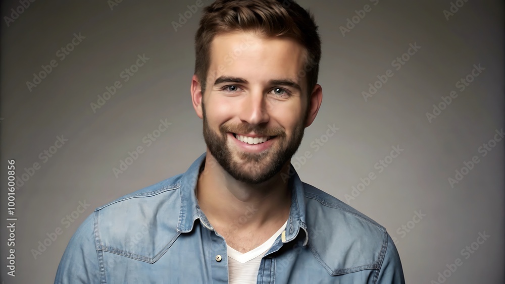 A portrait of a young man smiling warmly against a neutral gray background A portrait of a young man smiling warmly against a neutral gray background