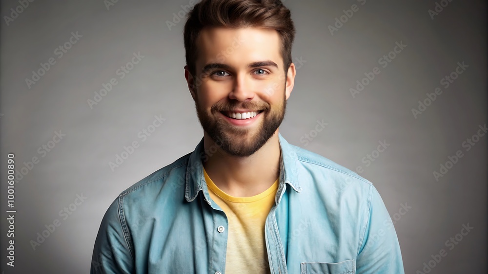 A portrait of a young man smiling warmly against a neutral gray background A portrait of a young man smiling warmly against a neutral gray background
