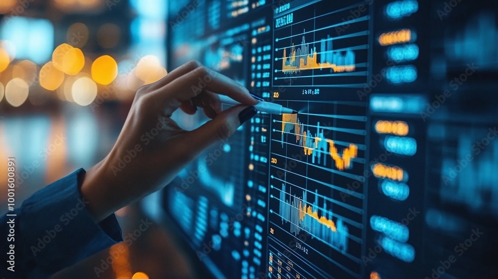 Fototapeta premium stock market trends and financial data displayed on blue charts being carefully examined by a business analyst focusing on trade performance, economic growth, and investment opportunities