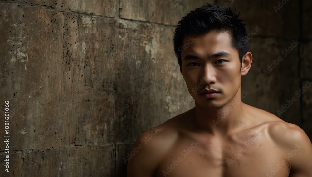 Headshot of an Asian male model shirtless against a textured wall. Headshot of an Asian male model shirtless against a textured wall.