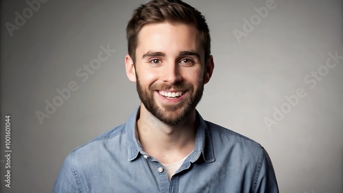 A portrait of a young man smiling warmly against a neutral gray background