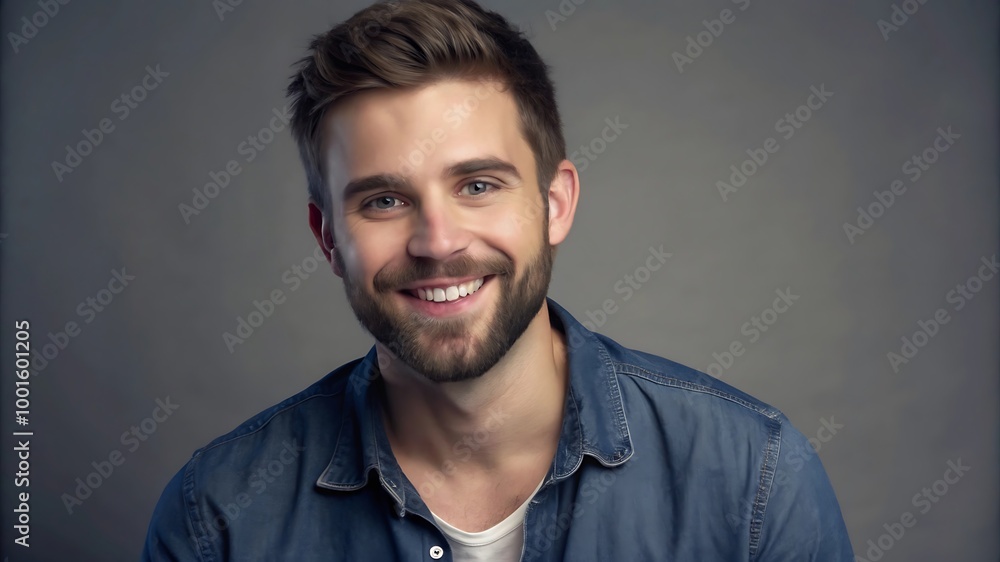 A portrait of a young man smiling warmly against a neutral gray background A portrait of a young man smiling warmly against a neutral gray background
