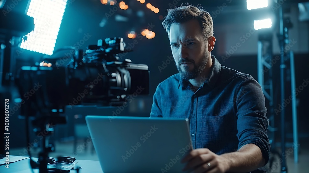 Male production manager using laptop at photo shoot in studio : Generative AI Male production manager using laptop at photo shoot in studio : Generative AI