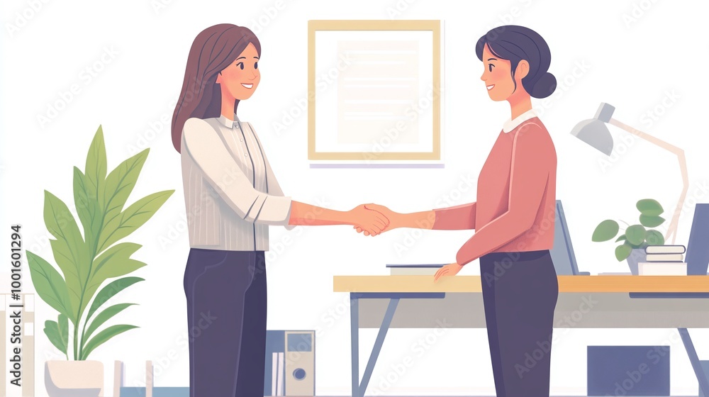 professional handshake between a businesswoman and client at an office meeting discussing a contract deal or recruitment hire highlighting successful negotiations and partnership agreements professional handshake between a businesswoman and client at an office meeting discussing a contract deal or recruitment hire highlighting successful negotiations and partnership agreements
