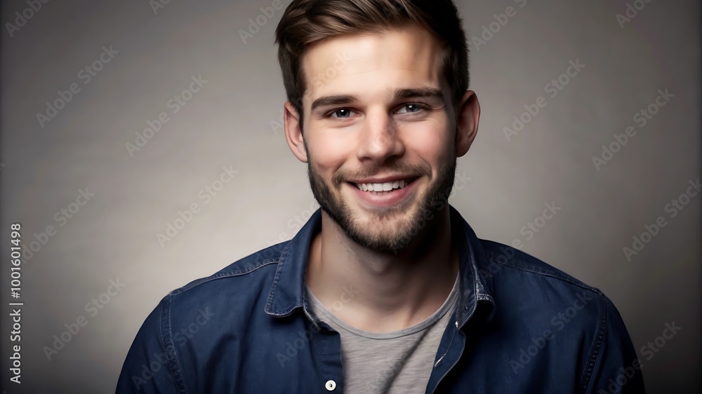 Naklejka premium A portrait of a young man smiling warmly against a neutral gray background