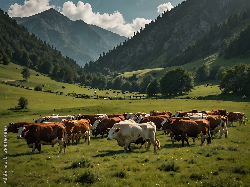 Herd of cows grazing in mountainous pasture. Herd of cows grazing in mountainous pasture.