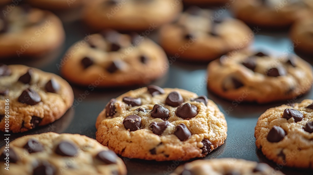 baking tray full of chocolate chip cookies fresh out of the oven with a close-up view of the delicious baked goods perfect for a sweet snack or homemade dessert baking tray full of chocolate chip cookies fresh out of the oven with a close-up view of the delicious baked goods perfect for a sweet snack or homemade dessert