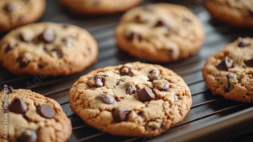 baking tray full of chocolate chip cookies fresh out of the oven with a close-up view of the delicious baked goods perfect for a sweet snack or homemade dessert