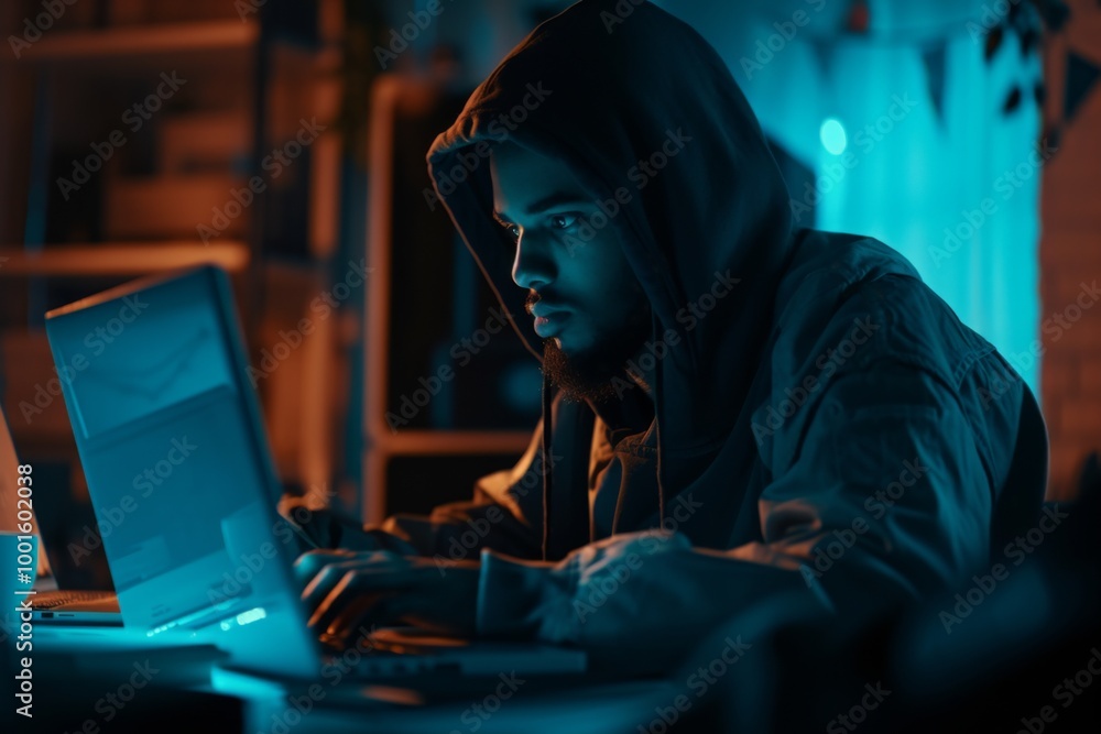 Hooded Figure Working on Laptop in a Dark Room Hooded Figure Working on Laptop in a Dark Room