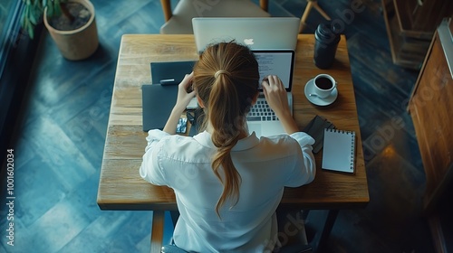 Top view young business woman in white shirt sitting at desk and working online on laptop while using smartphone On table cup of coffeeStudent learning online Girl shopping online chec : Generative AI photo