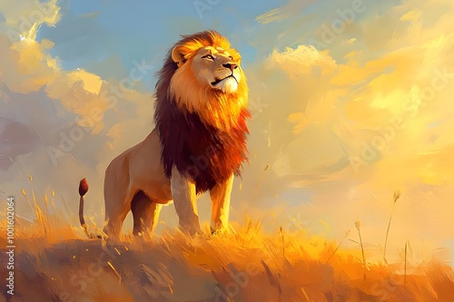 Majestic Lion Standing Golden Savannah
