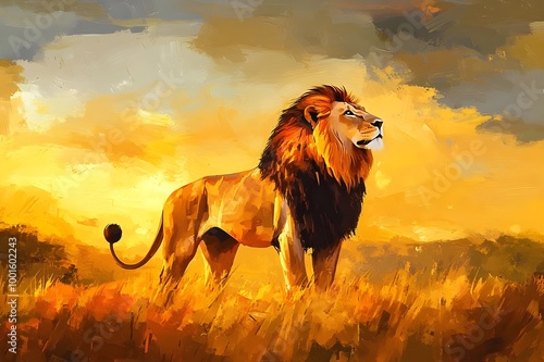 Majestic Lion Standing Golden Savannah