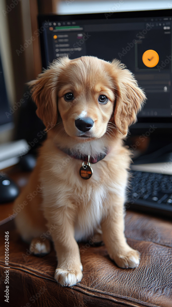 A sweet golden puppy sits in front of a computer, looking up at the camera with big, brown eyes. A sweet golden puppy sits in front of a computer, looking up at the camera with big, brown eyes.