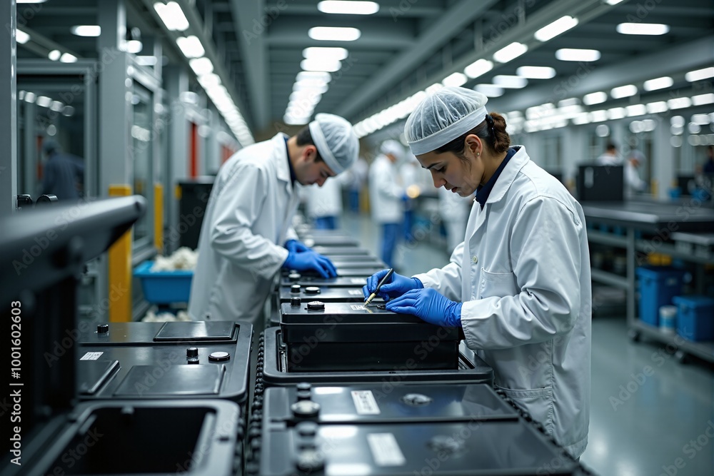 Workers assembling electric car batteries in a clean factory Workers assembling electric car batteries in a clean factory