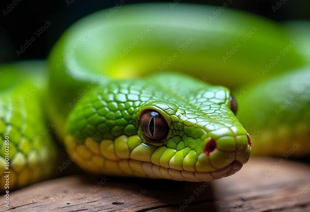 Emerald Green Snake The Venomous Hapsidophrys Smaragdina in the Jungle Emerald Green Snake The Venomous Hapsidophrys Smaragdina in the Jungle
