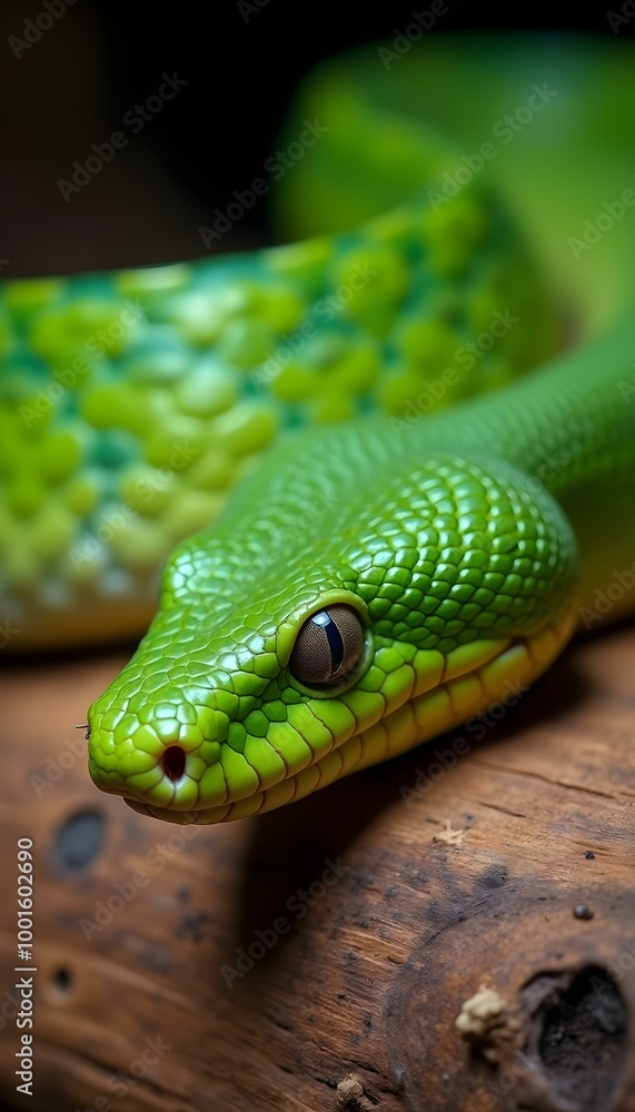 Fototapeta premium Coiled Green Python A Wild Snake Resting on a Branch in Nature