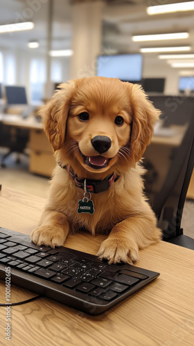 A golden retriever puppy sits at a desk, paws on a keyboard.