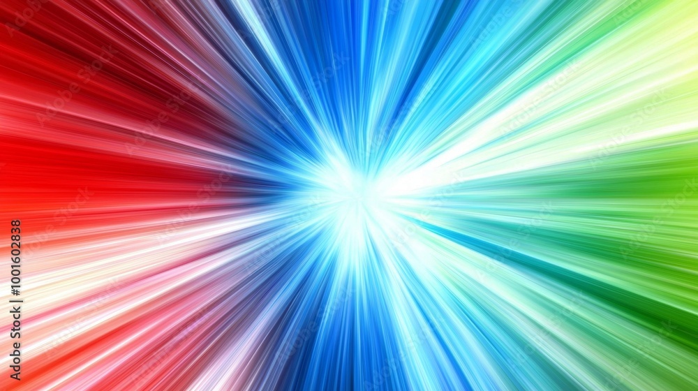 Obraz premium Vibrant abstract background with bright multicolored rays of light bursting from a central white spot, creating a futuristic and energetic design