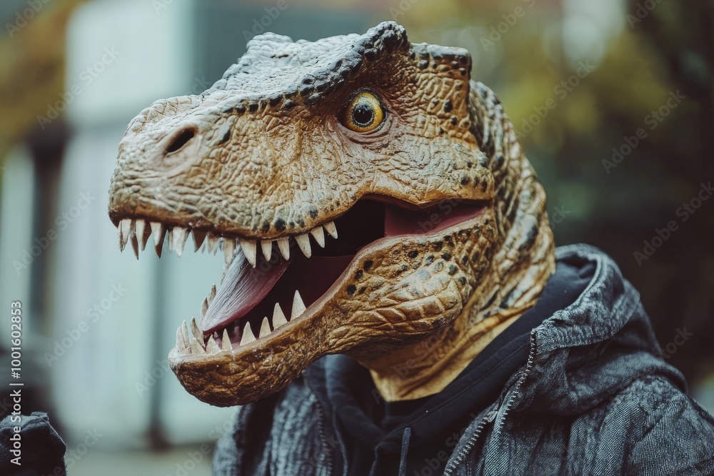 Obraz premium A man in a dinosaur costume is waving his hand, generative ai image