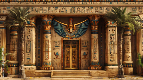 A wall of an ancient egyptian temple with symbols and symbols. Egyptian Tomb. Illustration