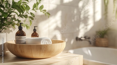 Wooden podium for bathing and spa products in defocused bathroom : Generative AI