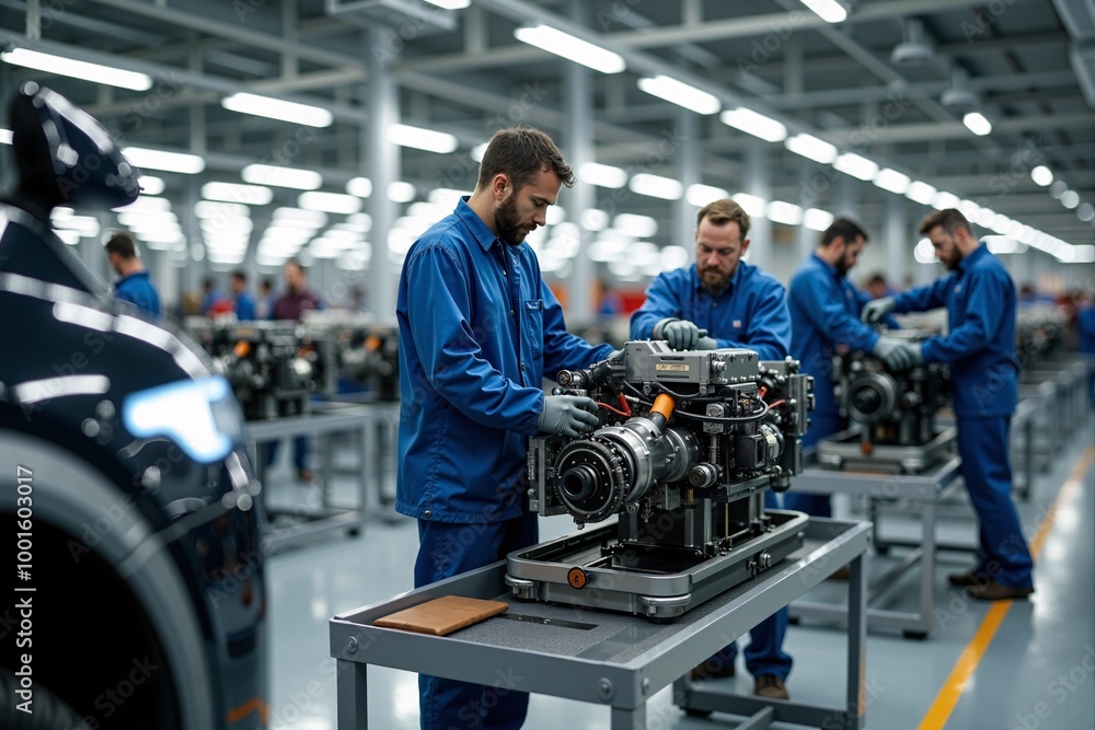 Workers assembling electric car powertrains in a high-tech facility Workers assembling electric car powertrains in a high-tech facility