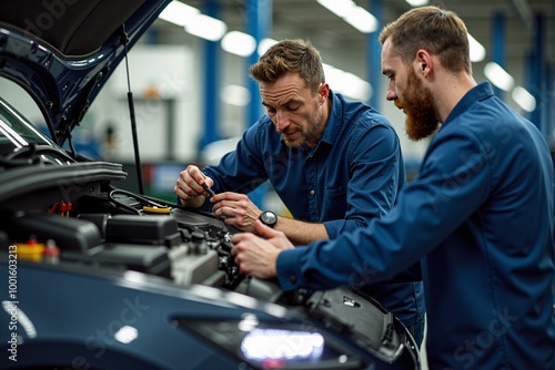Technicians diagnosing electric car powertrain issues in a service center