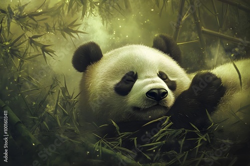Gentle Giant Panda Resting Bamboo