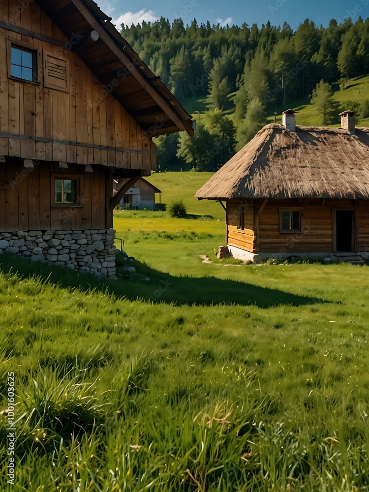 House in a village on a green meadow, sun, and sky. House in a village on a green meadow, sun, and sky.