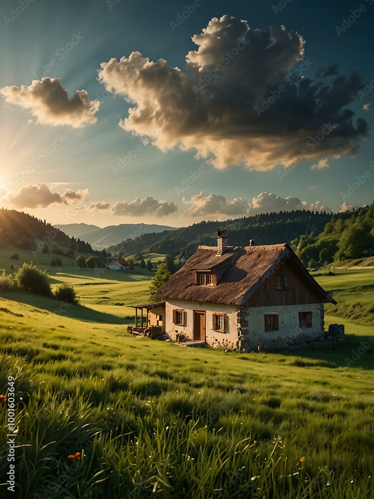 House in a village on a green meadow, sun, and sky. House in a village on a green meadow, sun, and sky.