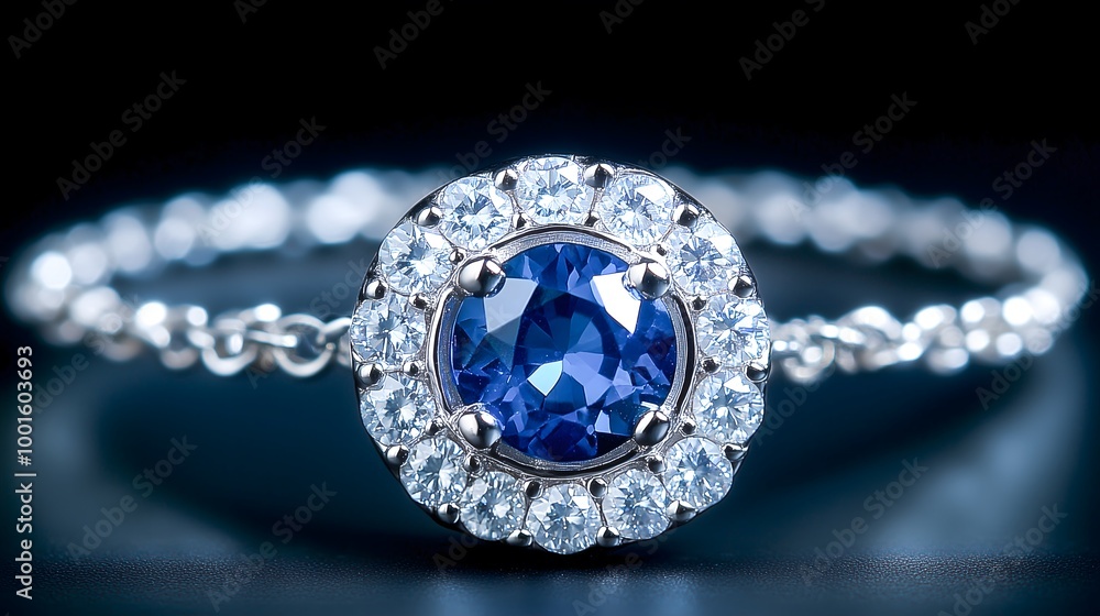 delicate silver necklace with a radiant blue sapphire pendant, encased in a halo of sparkling diamonds, set against a dark background delicate silver necklace with a radiant blue sapphire pendant, encased in a halo of sparkling diamonds, set against a dark background