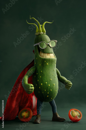 Wallpaper Mural Vegetable superhero. 3D illustration of cucumber or zucchini vegetable as a hero with super power. Concept: green superfood and vegetables for a healthy diet, restaurant and box diet design. Torontodigital.ca
