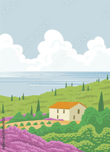 Beautiful rural southern landscape with nature and house. Farm vineyards, cypress trees, lavender flowers and mountains. French Provence. Vector art illustration
