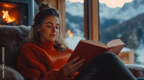 Beautiful stylish woman reading book on chair at fireplace with firewood on background of mountain hills Young female in casual clothes relaxing in modern chalet with amazing view from : Generative AI photo