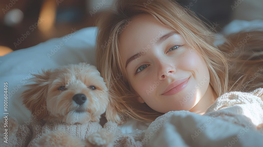 Young woman smiles while cuddling a small dog in bed. Young woman smiles while cuddling a small dog in bed.