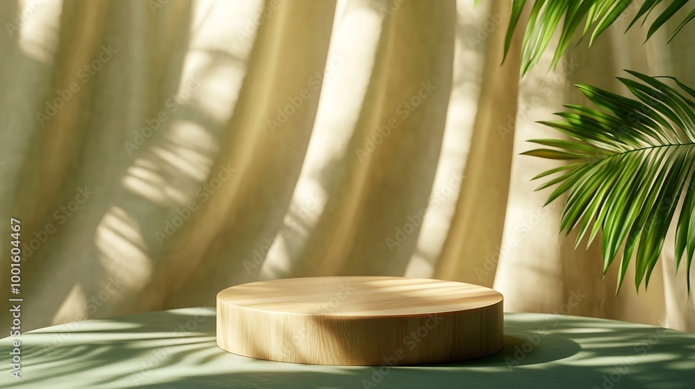 Fototapeta premium Wooden cylindrical podium pedestal on a green background with beige curtain and a shadow of palm leaves Scene for the presentation of a cosmetic product Empty showcase : Generative AI