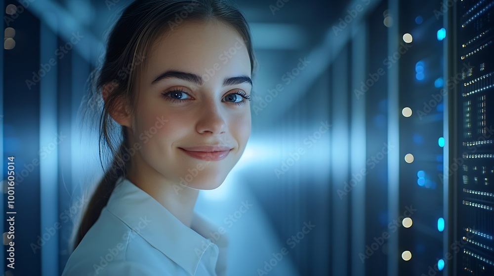 Obraz premium Future Technology Face ID Facial Recognition Biometric Face Detection 3D Technological Identification Scanning of Face of Smiling Cheerful Woman Server Specialist in Computer Security : Generative AI