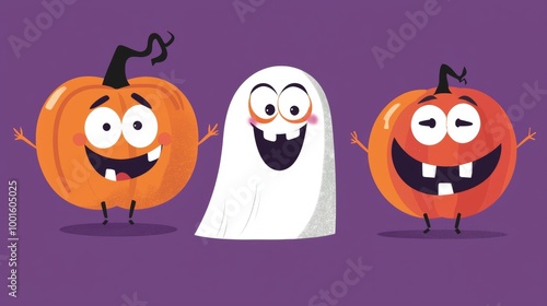 Cute ghost and two pumpkins beam joy on a purple background, perfect for halloween projects. Festive and friendly, this illustration brings seasonal celebration to autumn