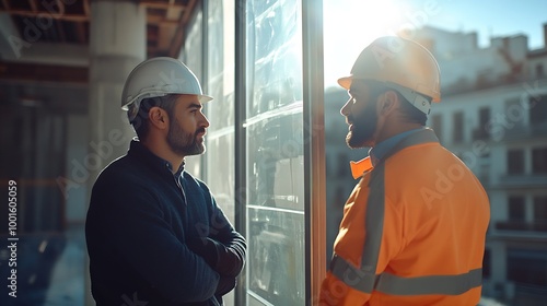 Architect and worker measuring window on a construction site : Generative AI