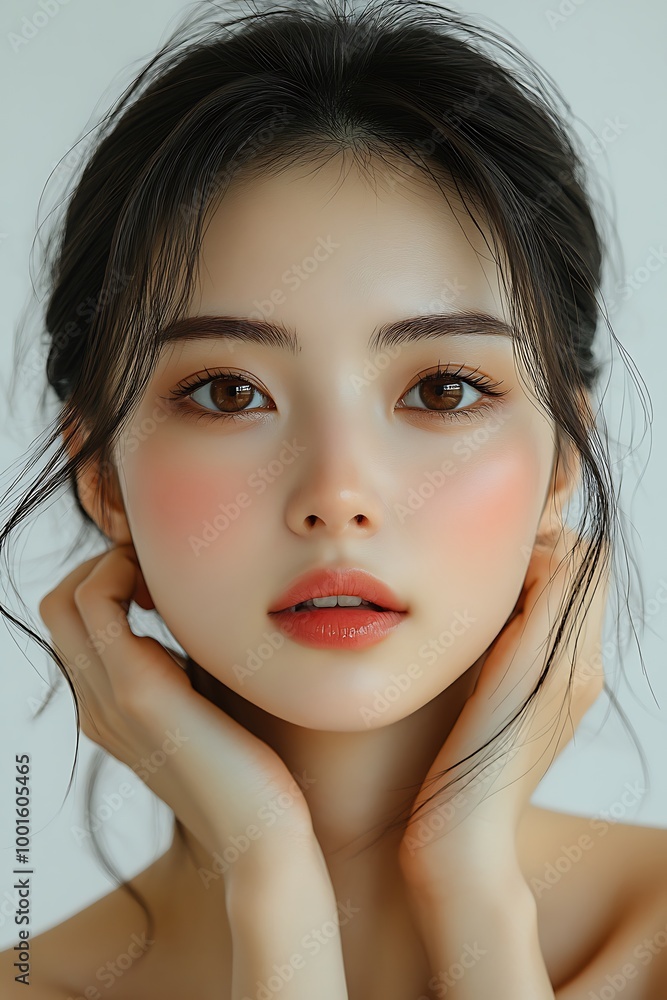 Naklejka premium Beautiful Asian Woman Portrait with Soft Makeup and Natural Lighting